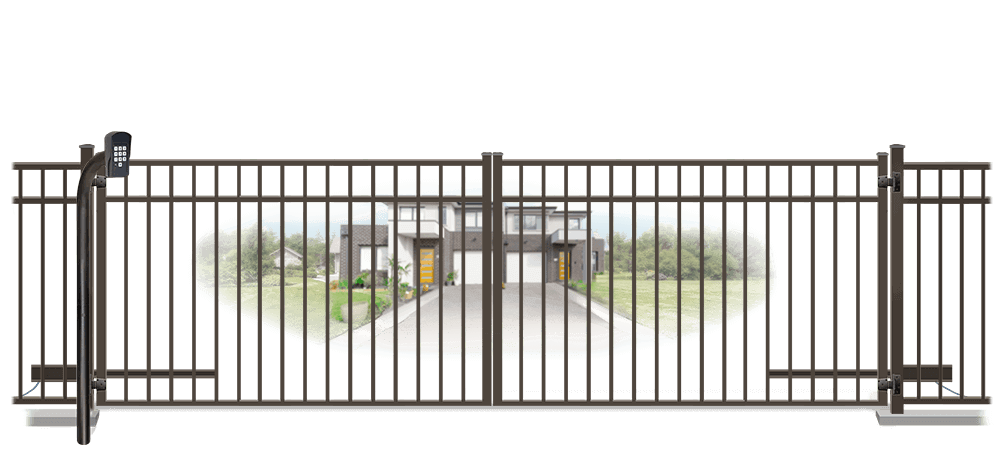 Metal swinging estate gate in closed position