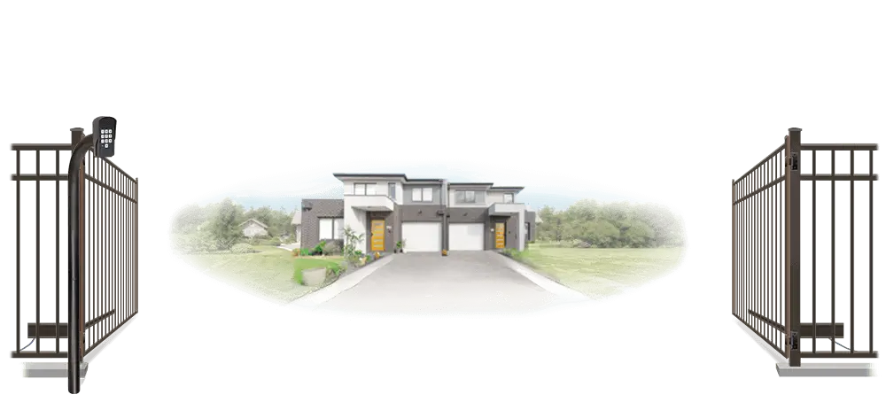 Metal swinging estate gate in open position