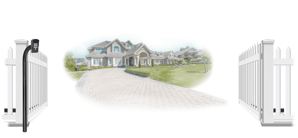 Vinyl swinging estate gate in open position