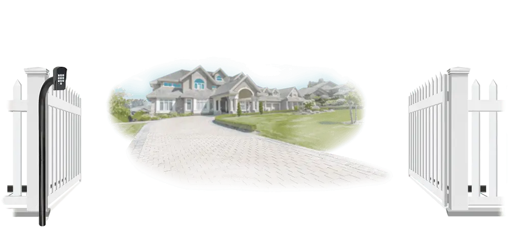 Vinyl swinging estate gate in open position