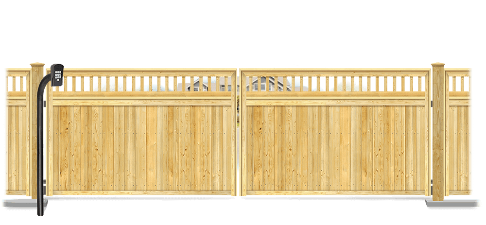 Wood swinging estate gate in closed position