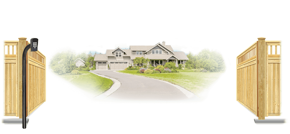 Wood swinging estate gate in open position